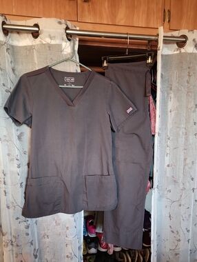 Cherokee Workwear Charcoal Gray V-neck Scrub Set Women's